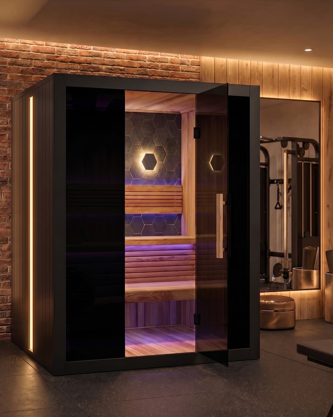 Sun Home Nova 3-person traditional sauna in a home gym: black exterior, black glass front, cedar interior with stacked benches and a hexagonal tile back wall