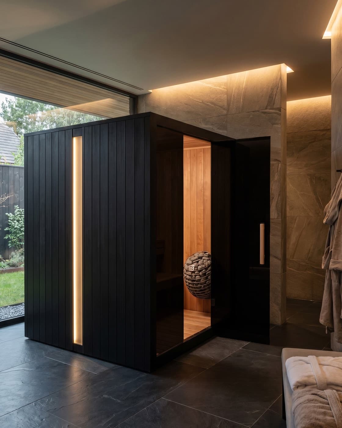 Sun Home Nova 6-person traditional sauna in a light-filled room, black exterior with a vertical light strip, cedar interior visible through the open glass door