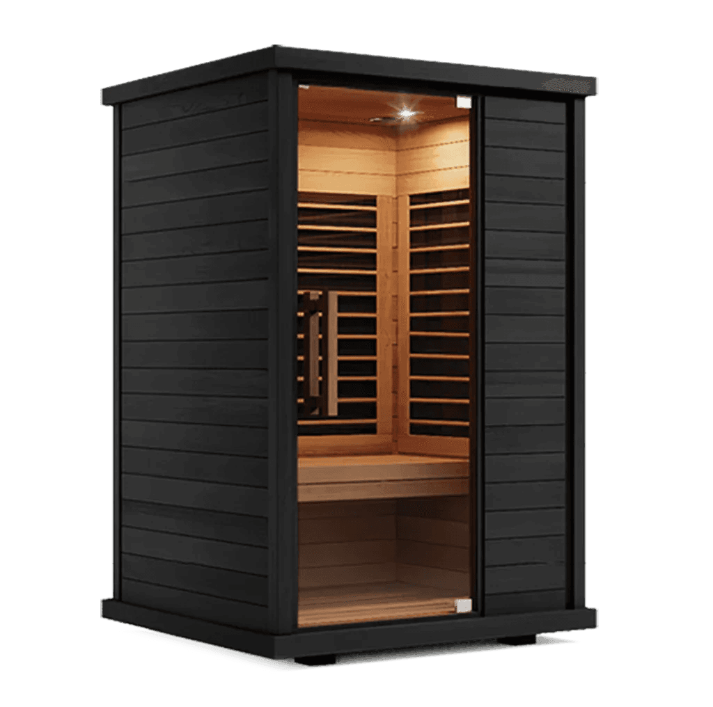 Sun Home Solstice 2-person infrared sauna: black exterior, glass door, eucalyptus interior with far-infrared panels on the back and side walls